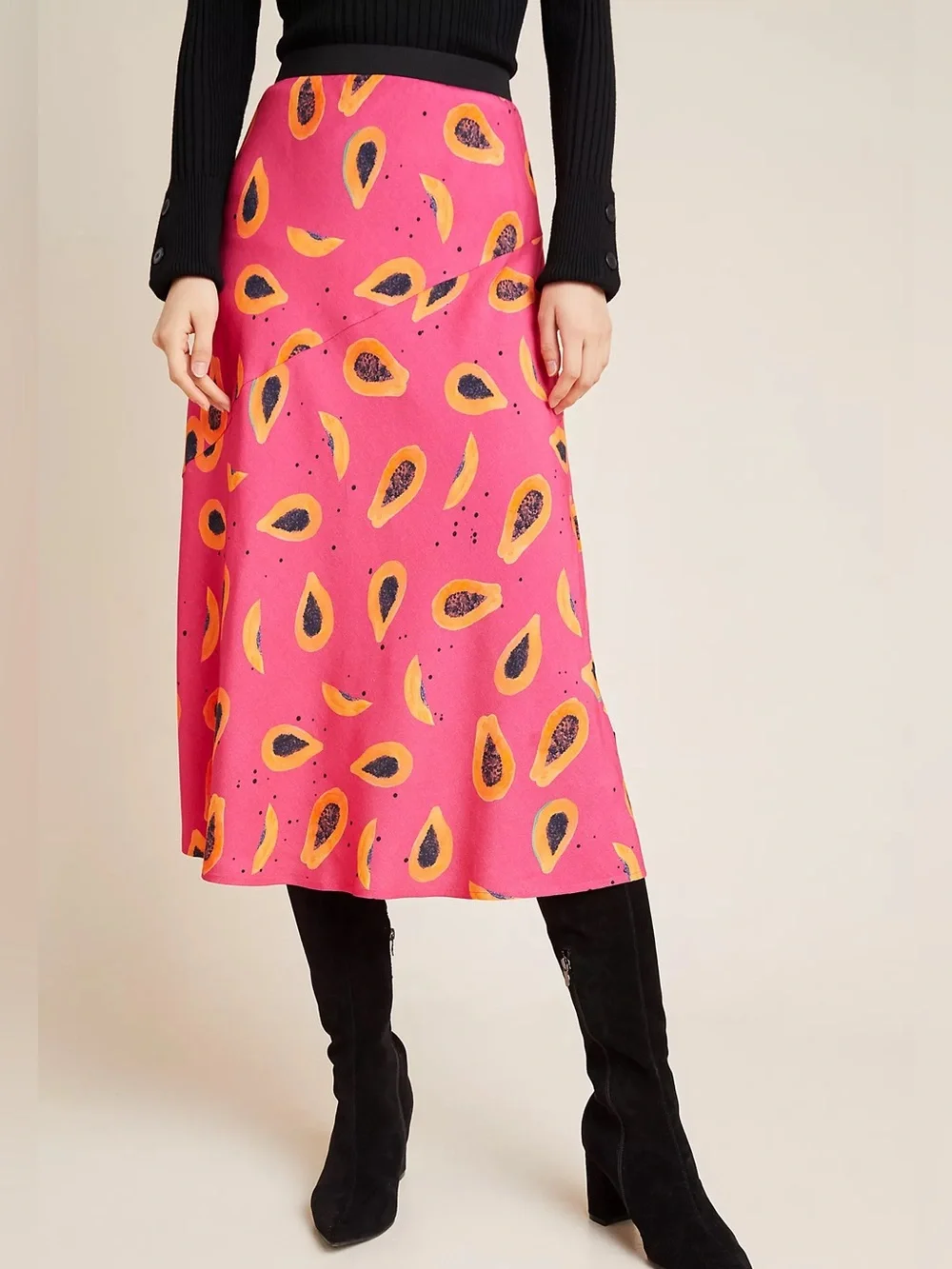 NWT Anthropologie Abstract Midi Skirt Papayas Pink Yellow L Large